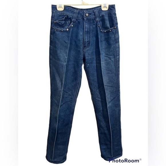 DELF TRADING INC. Imperious Faux Leather Studded Denim Jeans 34X34 Rocker Grunge - Picture 2 of 12